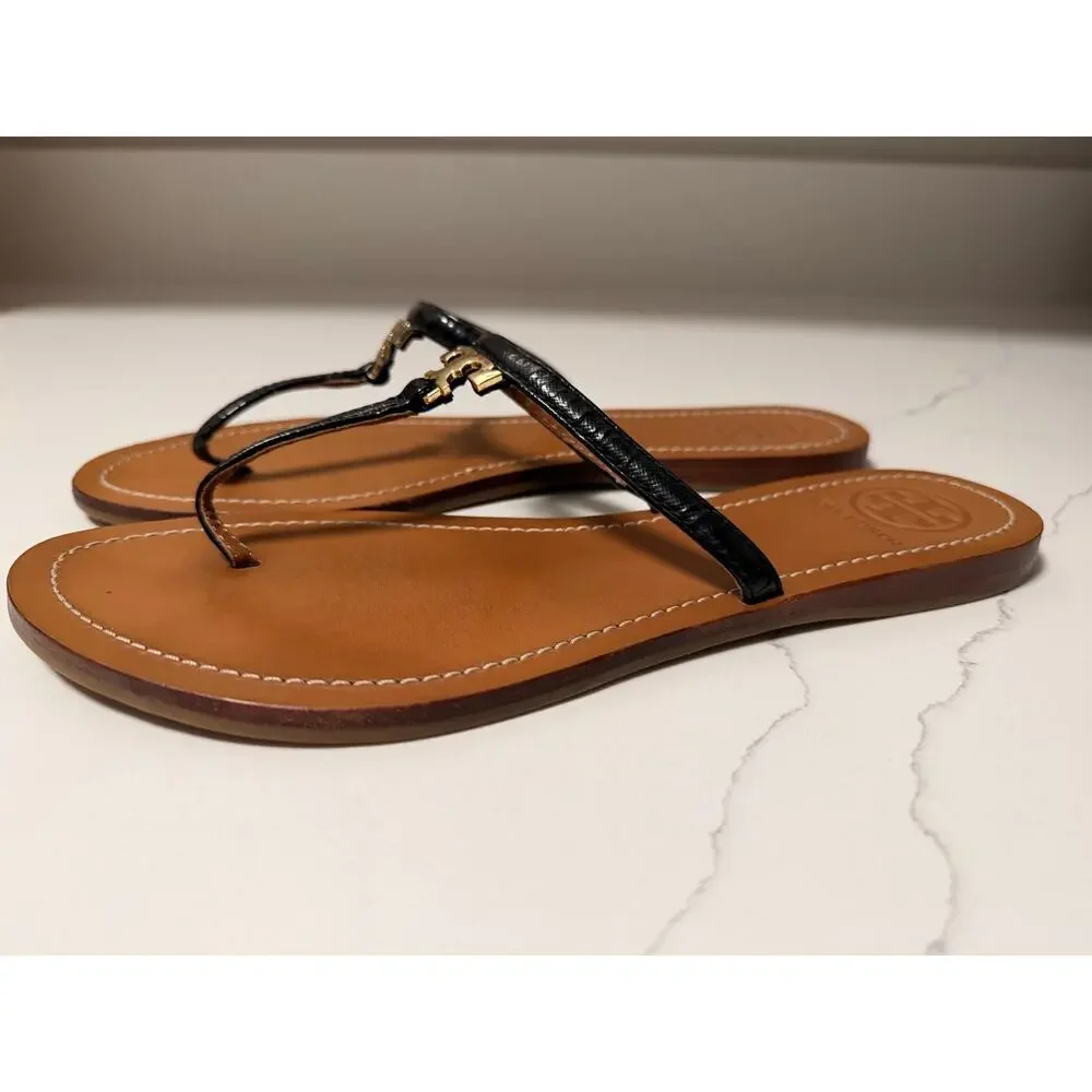 Tory Burch Black Leather Logo Thong Sandals Gold Double T Women’s 8.5
